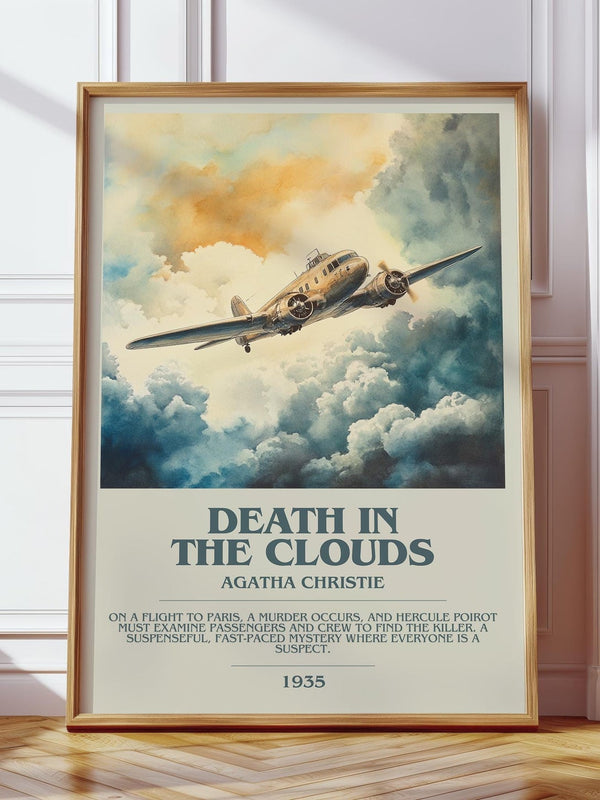 Death in the Clouds bookish print in frame leaning in hallway – mystery wall art