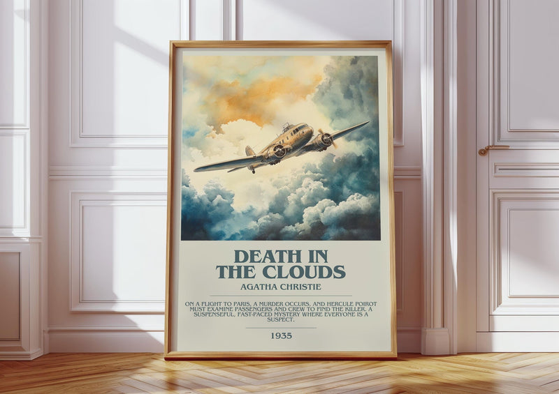 Death in the Clouds bookish print in frame leaning in hallway – mystery wall art
