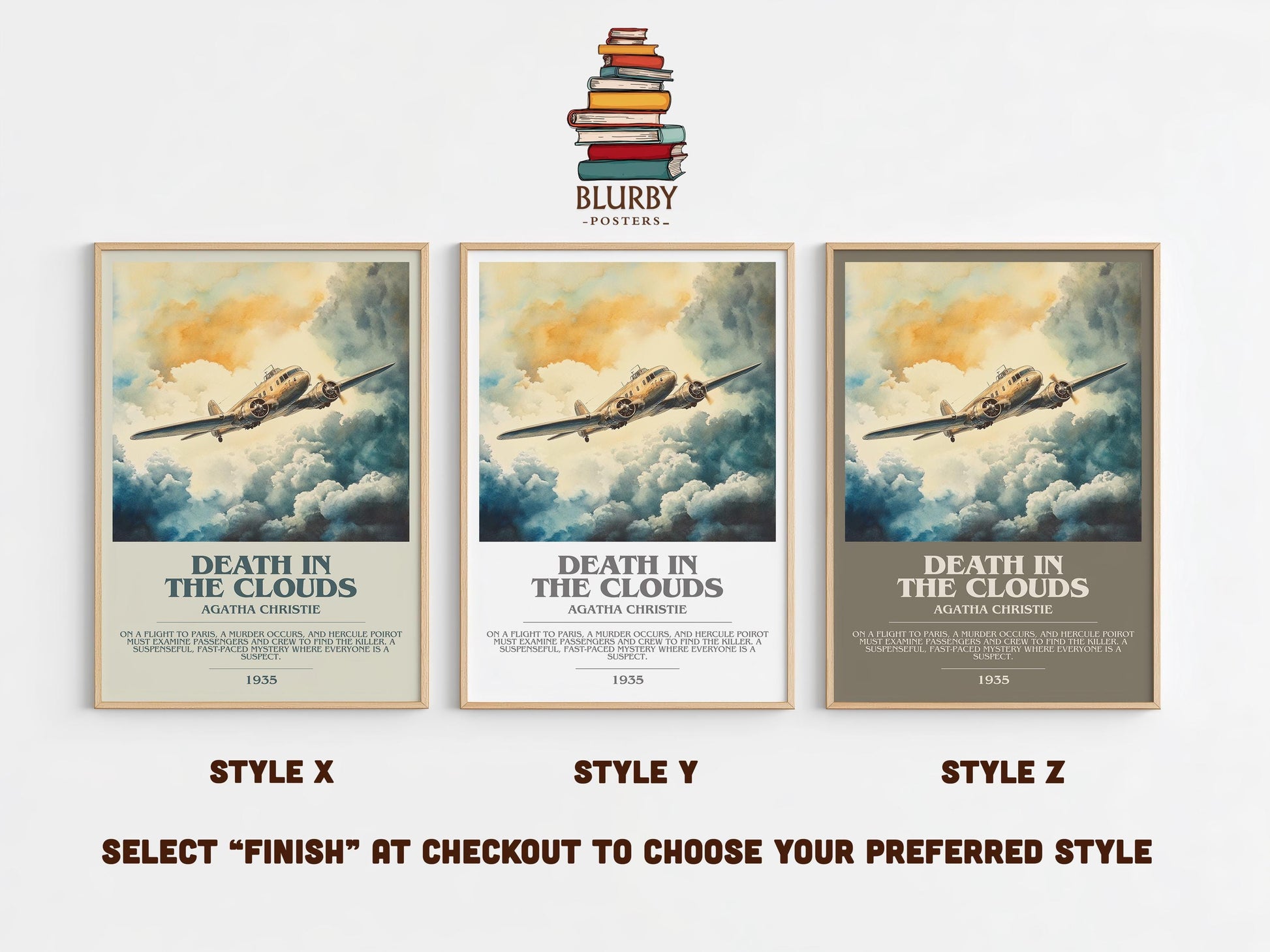 Death in the Clouds bookish poster colour and style options – Agatha Christie book art