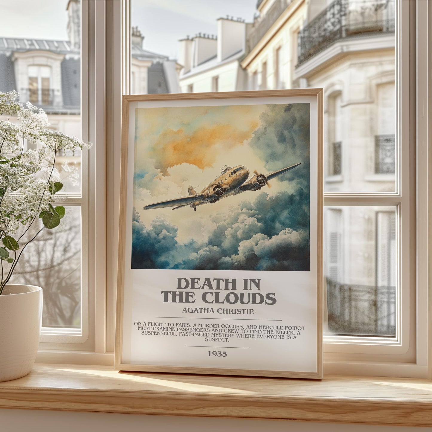 Death in the Clouds bookish print framed by window – literary home decor