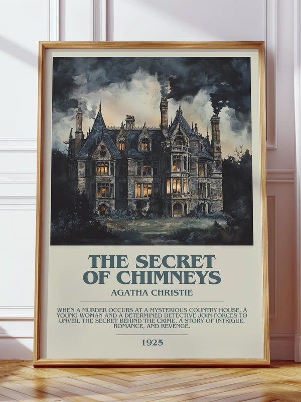 The Secret of Chimneys bookish print in frame leaning in hallway – mystery wall art