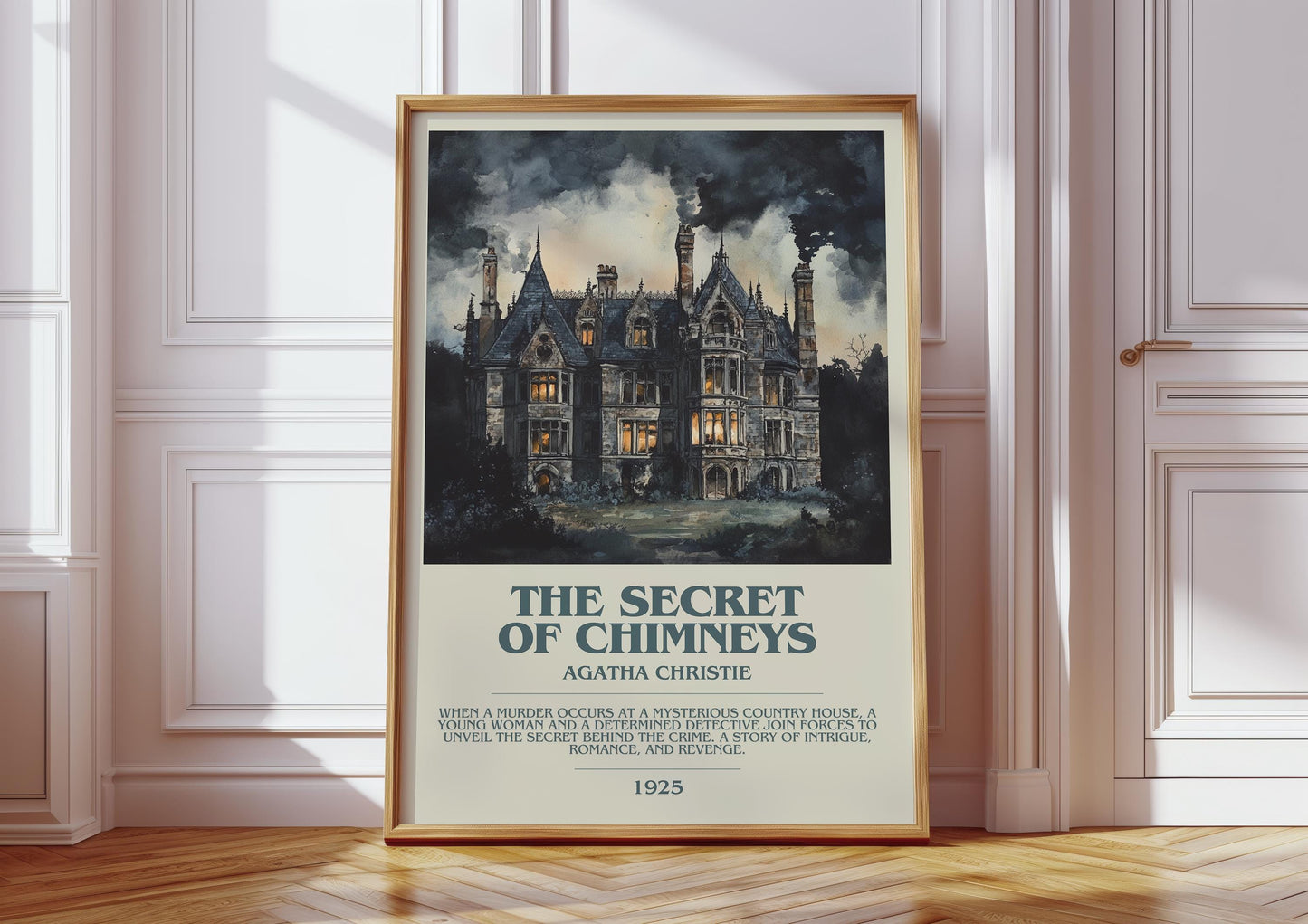 The Secret of Chimneys bookish print in frame leaning in hallway – mystery wall art