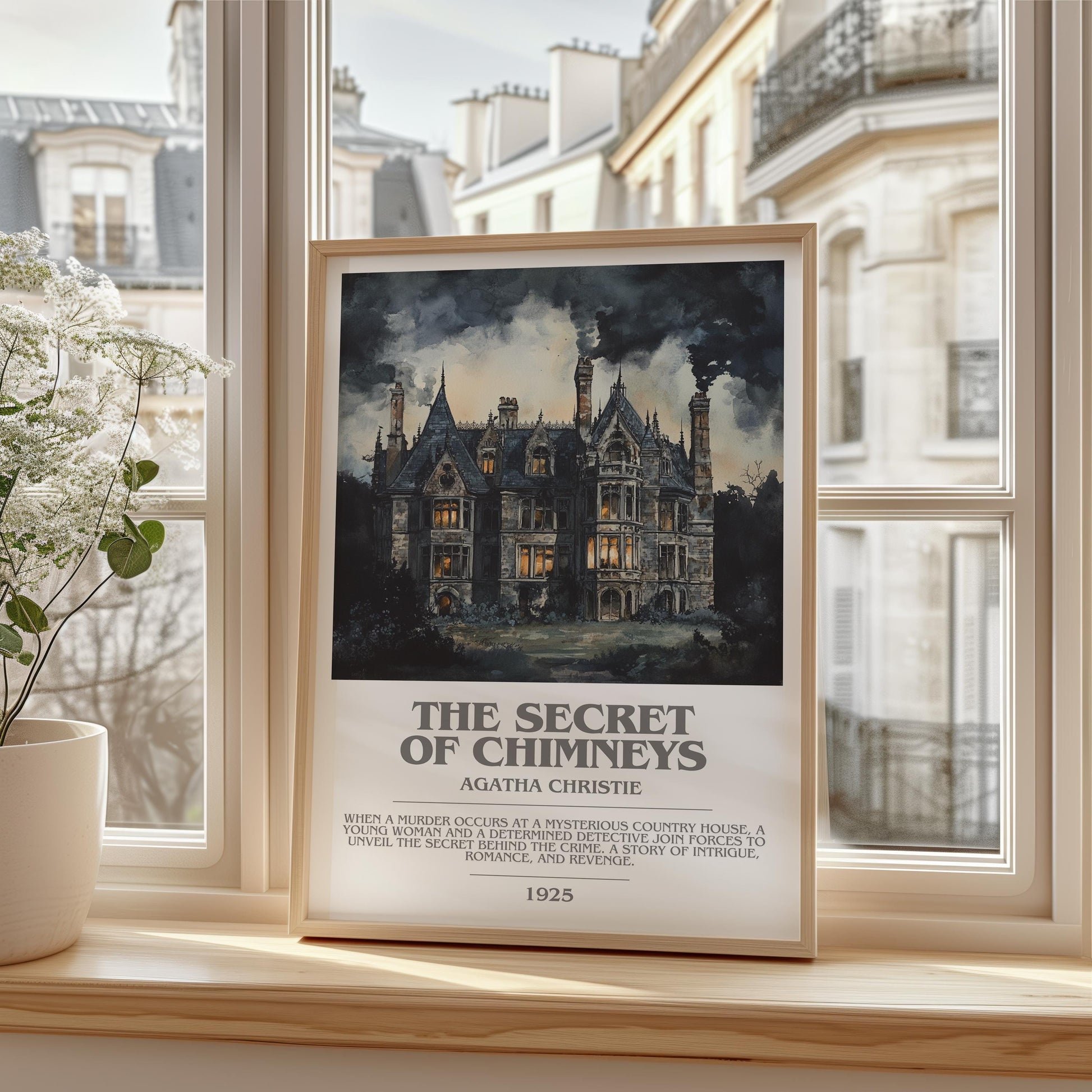 The Secret of Chimneys bookish print framed by window – literary home decor