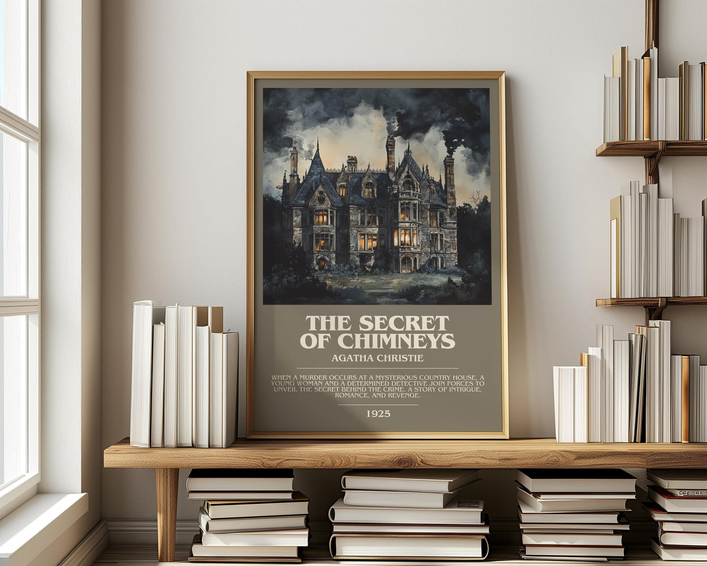 The Secret of Chimneys bookish print on bookshelf – Agatha Christie fan gift