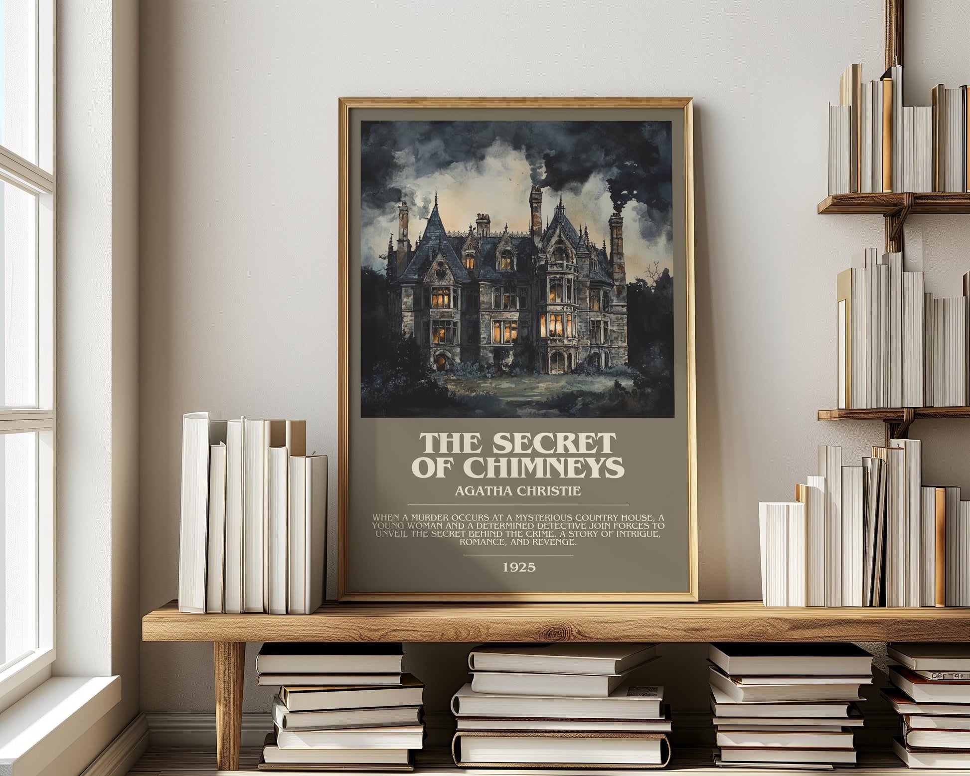 The Secret of Chimneys bookish print on bookshelf – Agatha Christie fan gift
