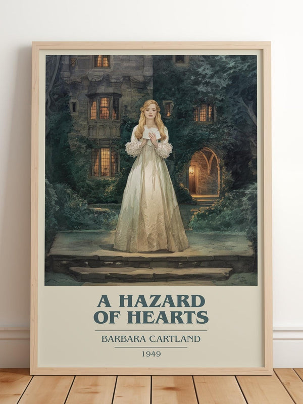 A Hazard of Hearts book cover print in frame leaning in hallway – romance wall art