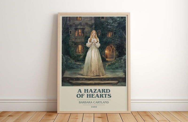 A Hazard of Hearts book cover print in frame leaning in hallway – romance wall art