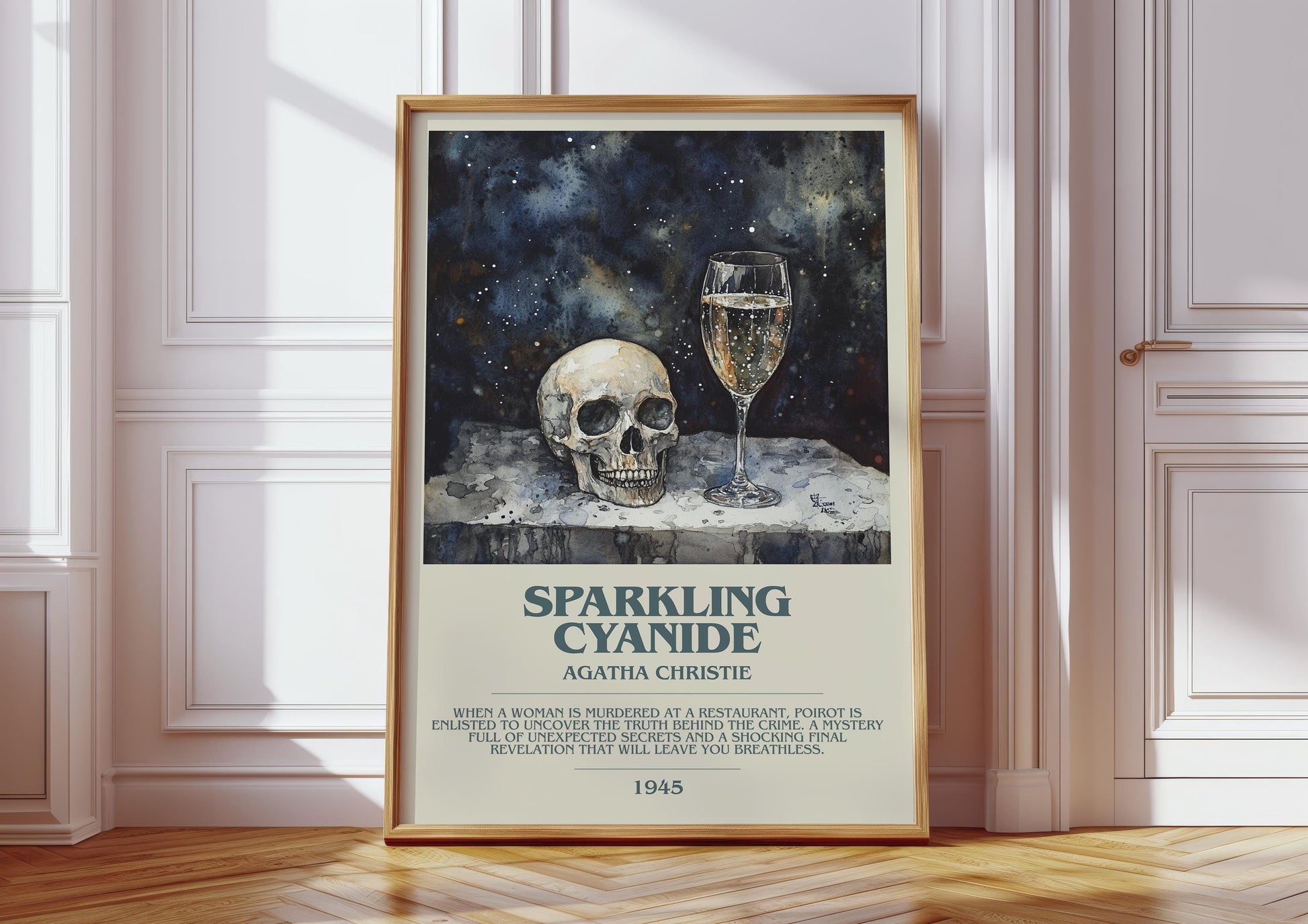 Sparkling Cyanide bookish print in frame leaning in hallway – mystery wall art