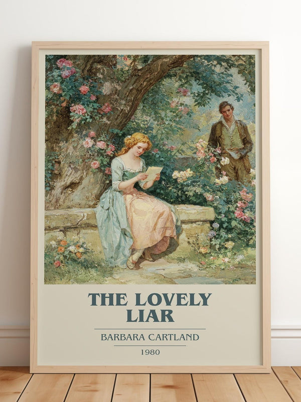 The Lovely Liar book cover print in frame leaning in hallway – romance wall art