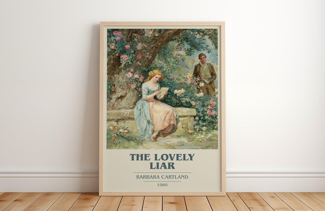 The Lovely Liar book cover print in frame leaning in hallway – romance wall art (mockup)