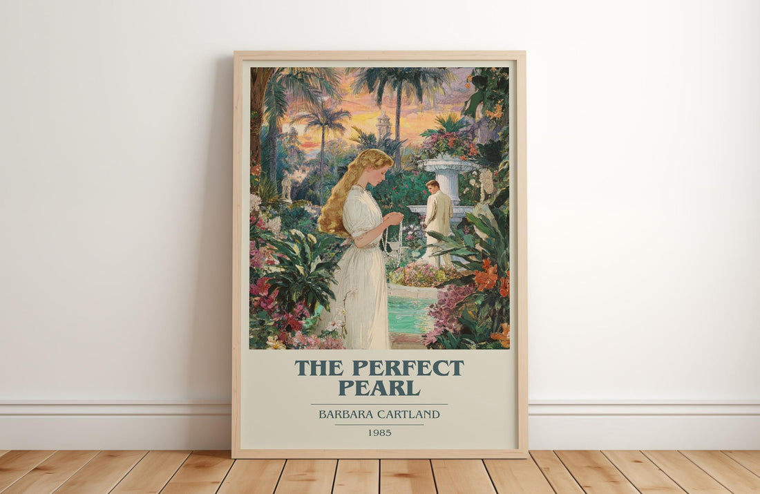 The Perfect Pearl book cover print in frame leaning in hallway – romance wall art (mockup)