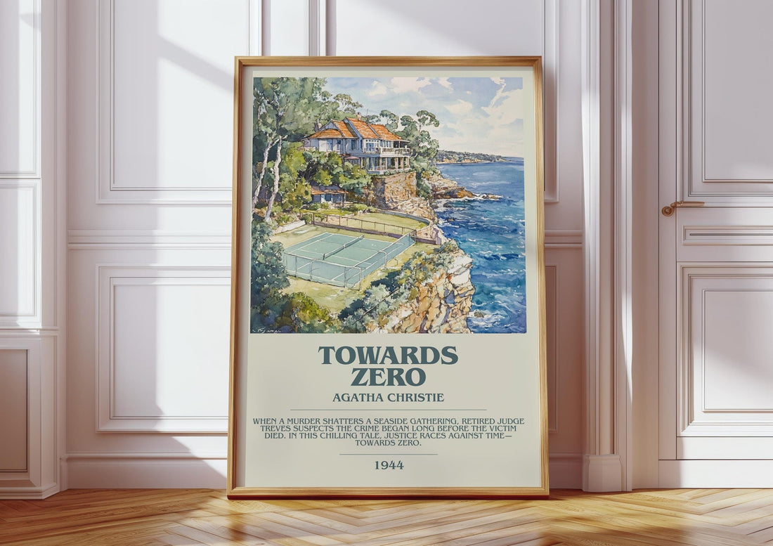 Towards Zero bookish print in frame leaning in hallway – mystery wall art (mockup)
