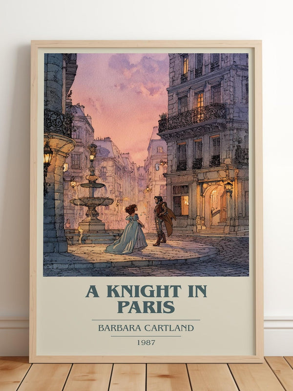 A Knight in Paris book cover print in frame leaning in hallway – romance wall art