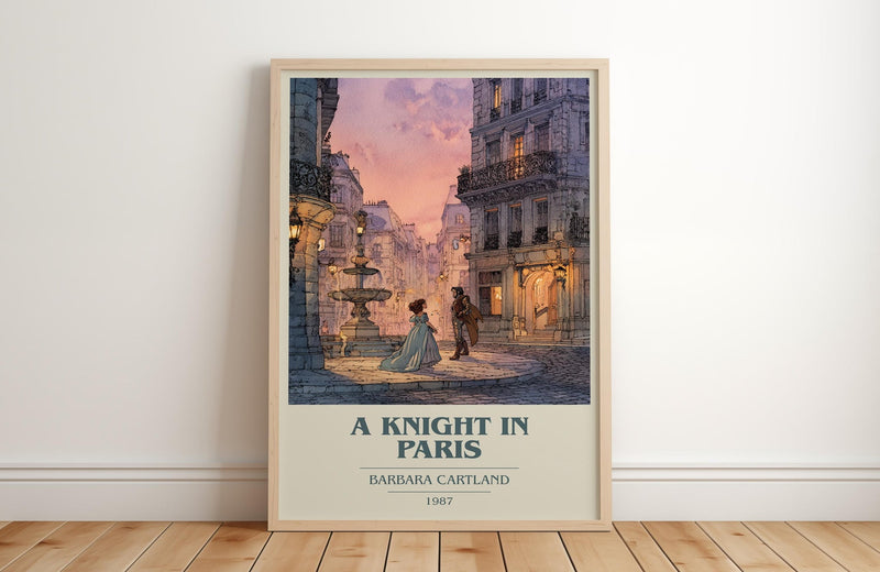 A Knight in Paris book cover print in frame leaning in hallway – romance wall art