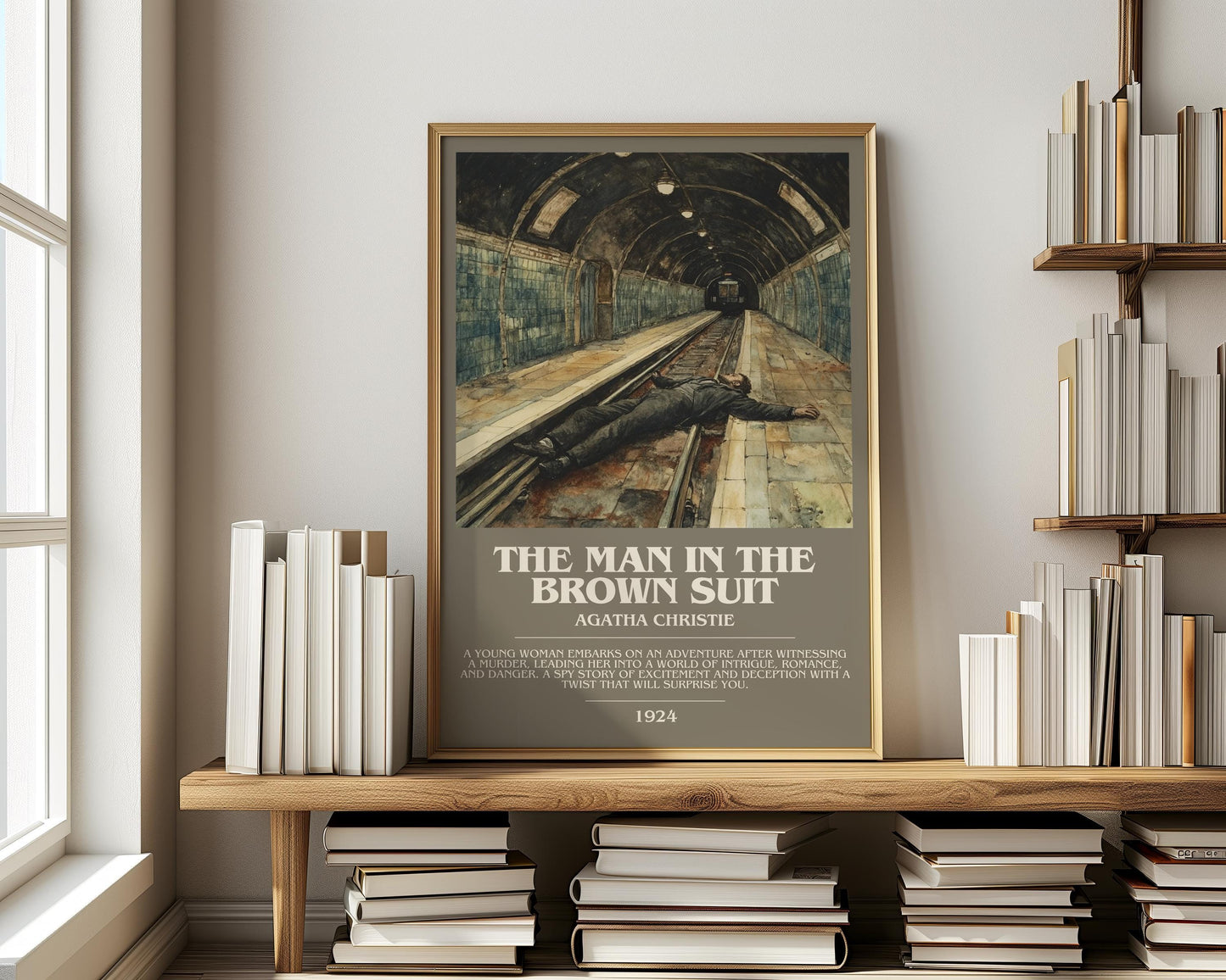 The Man in the Brown Suit bookish print on bookshelf – Agatha Christie fan gift