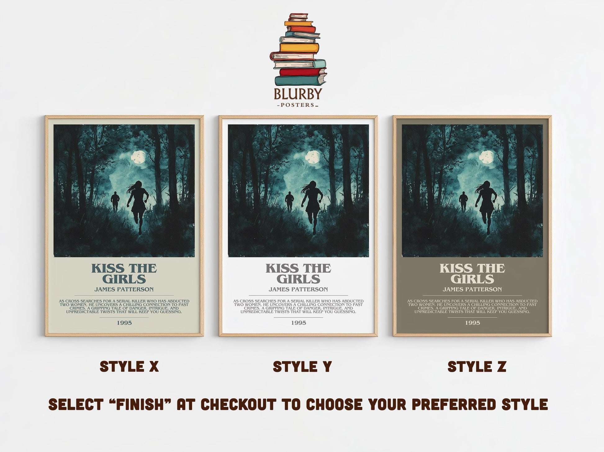 Kiss the Girls bookish poster colour and style options – James Patterson book art