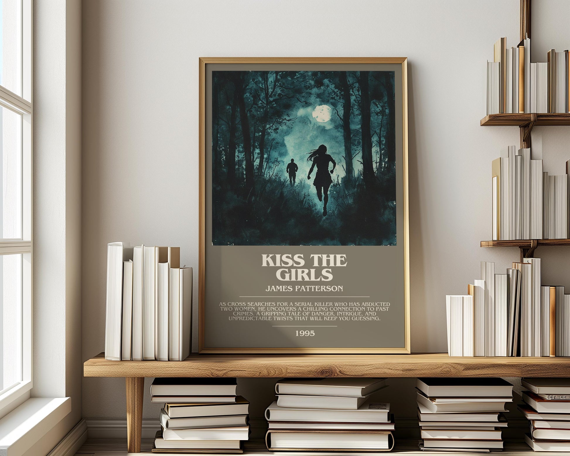 Kiss the Girls bookish print on bookshelf – James Patterson fan gift