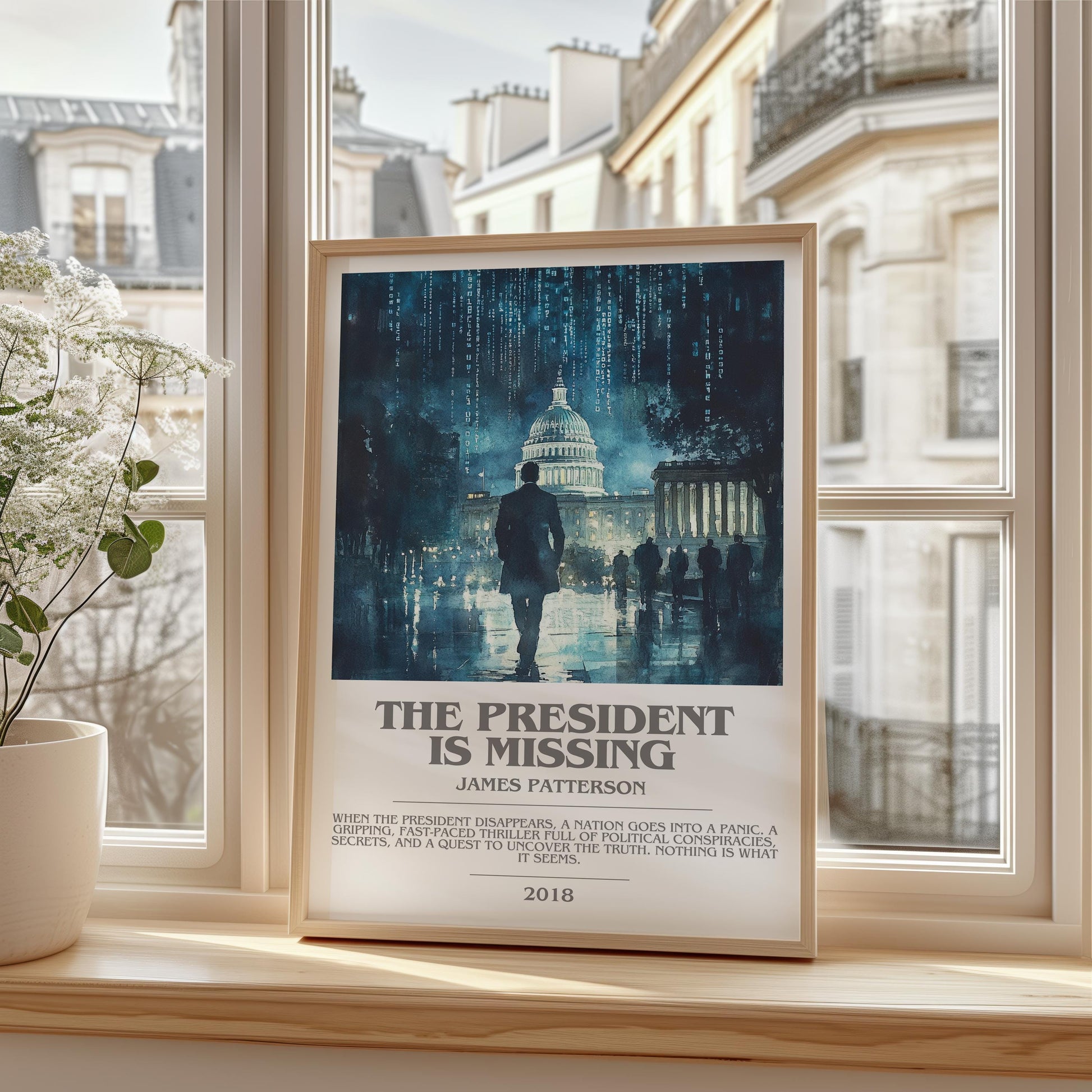 The President Is Missing bookish print framed by window – literary home decor