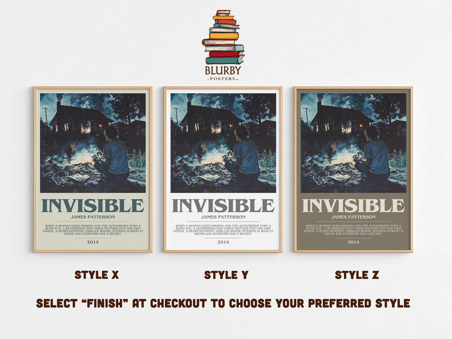 Invisible bookish poster colour and style options – James Patterson book art