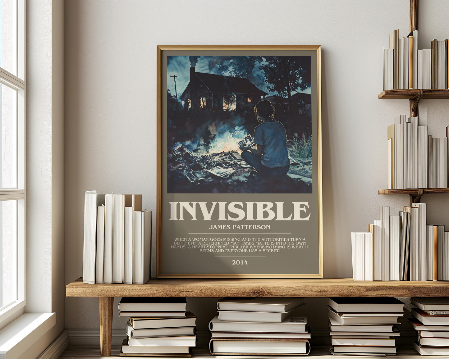 Invisible bookish print on bookshelf – James Patterson fan gift