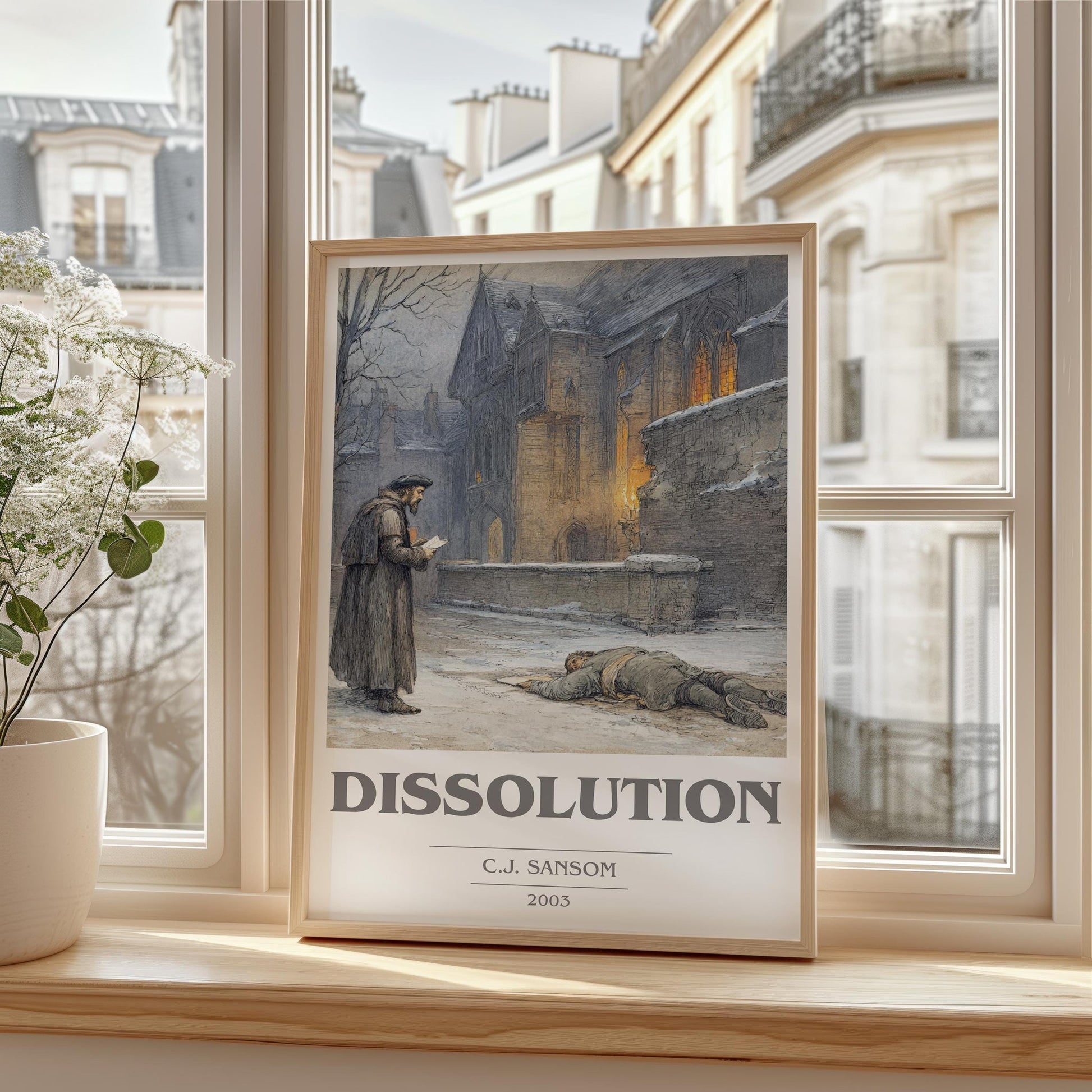 Dissolution book cover print framed by window – literary home decor