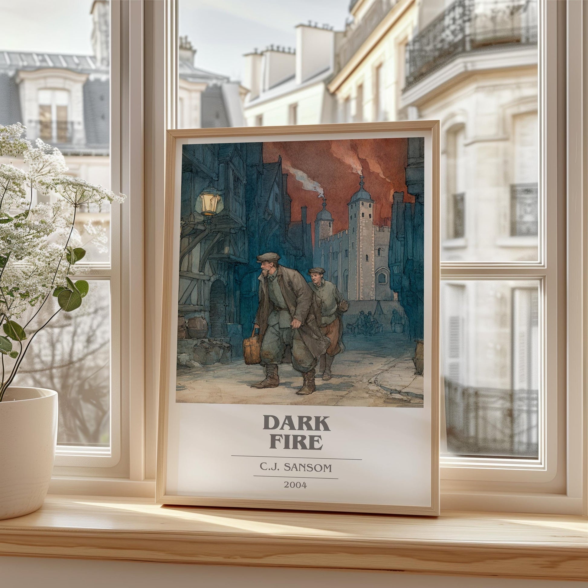 Dark Fire book cover print framed by window – literary home decor