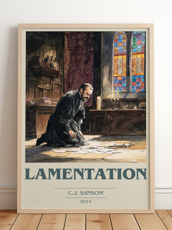 Lamentation book cover print in frame leaning in hallway – historical fiction wall art