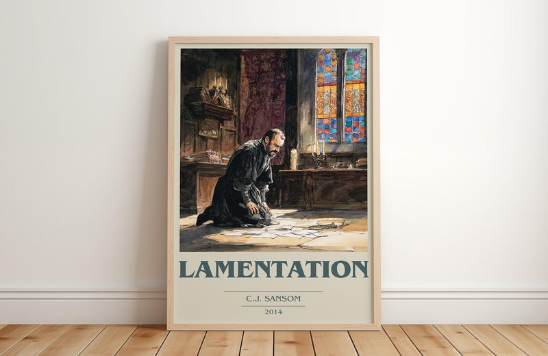 Lamentation book cover print in frame leaning in hallway – historical fiction wall art