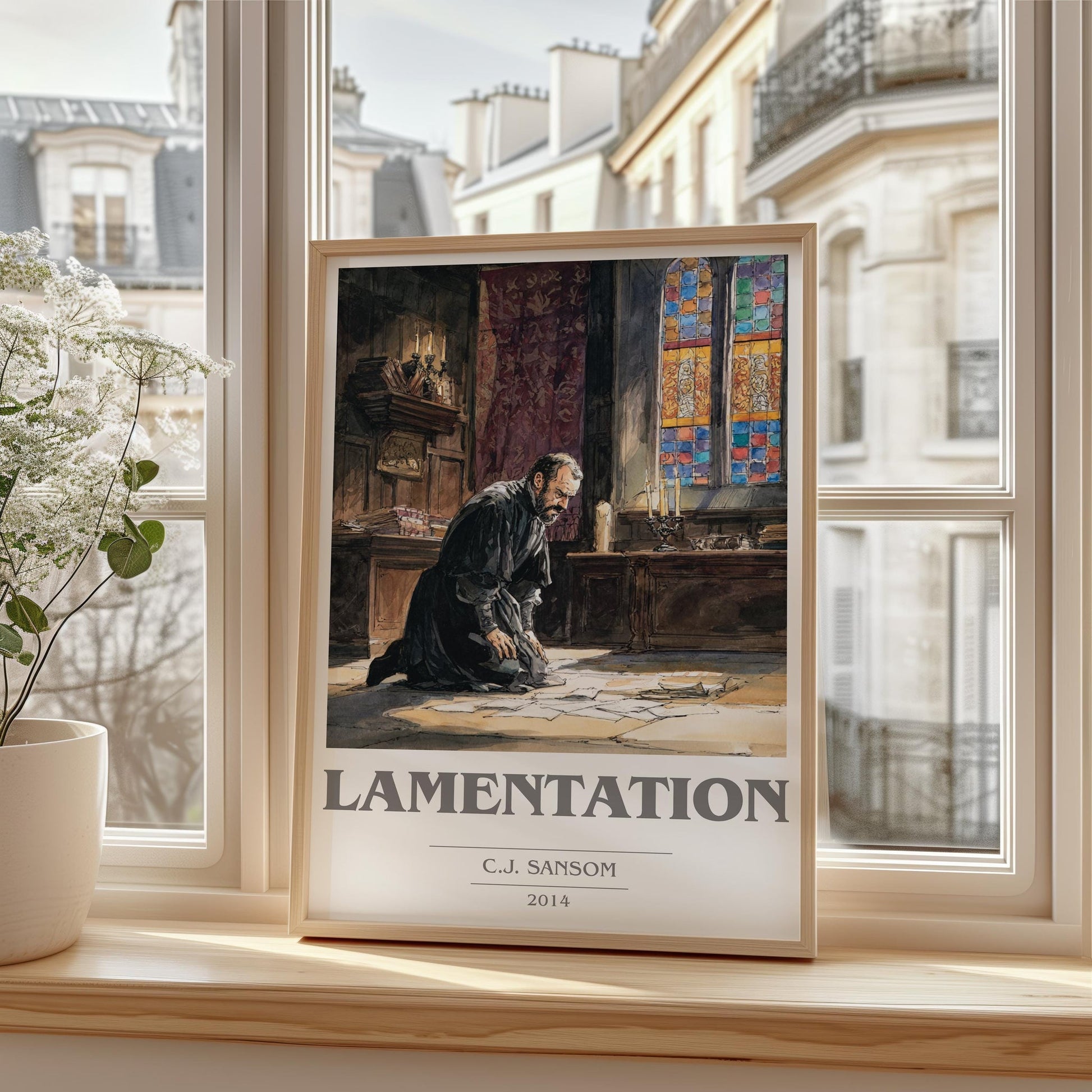 Lamentation book cover print framed by window – literary home decor