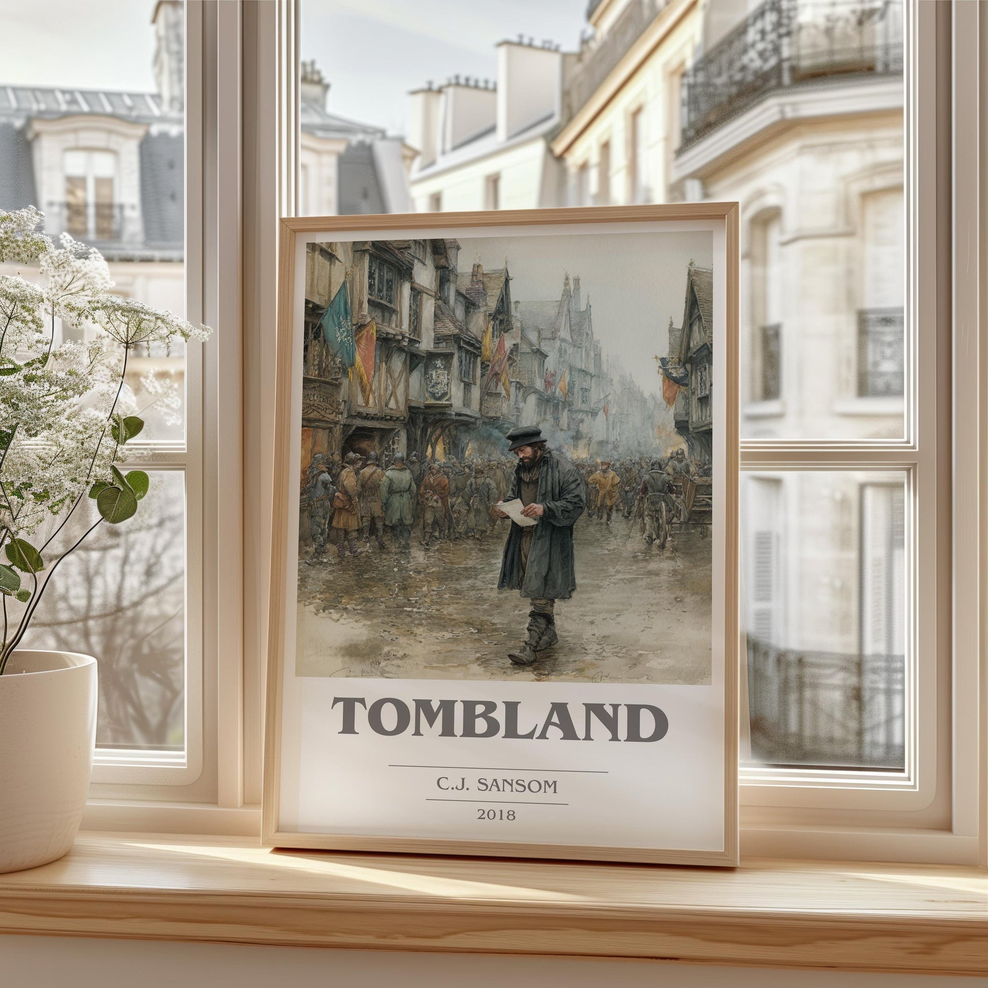 Tombland book cover print framed by window – literary home decor