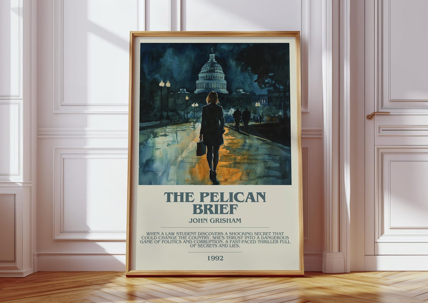 The Pelican Brief bookish print in frame leaning in hallway – thriller wall art