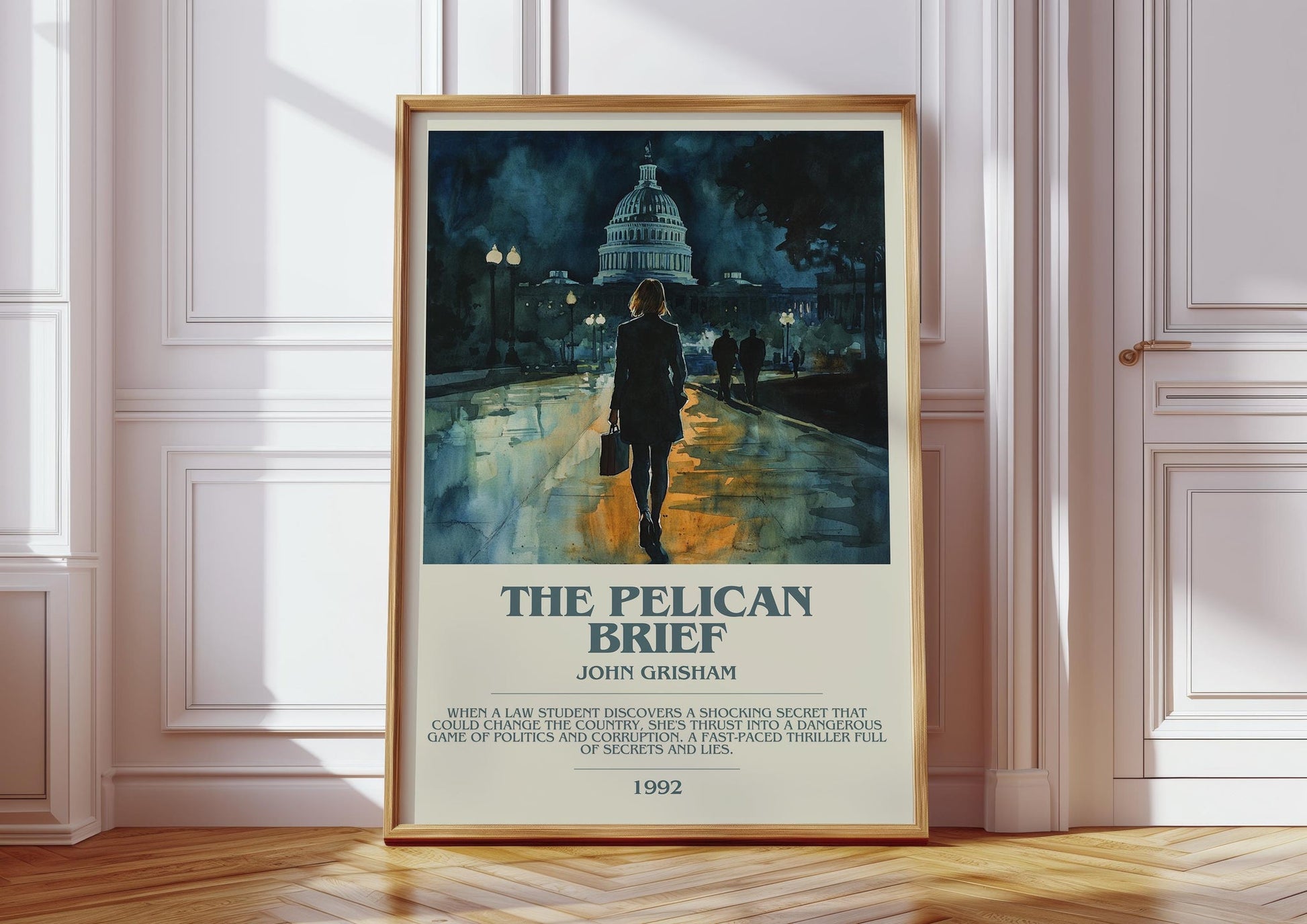 The Pelican Brief bookish print in frame leaning in hallway – thriller wall art