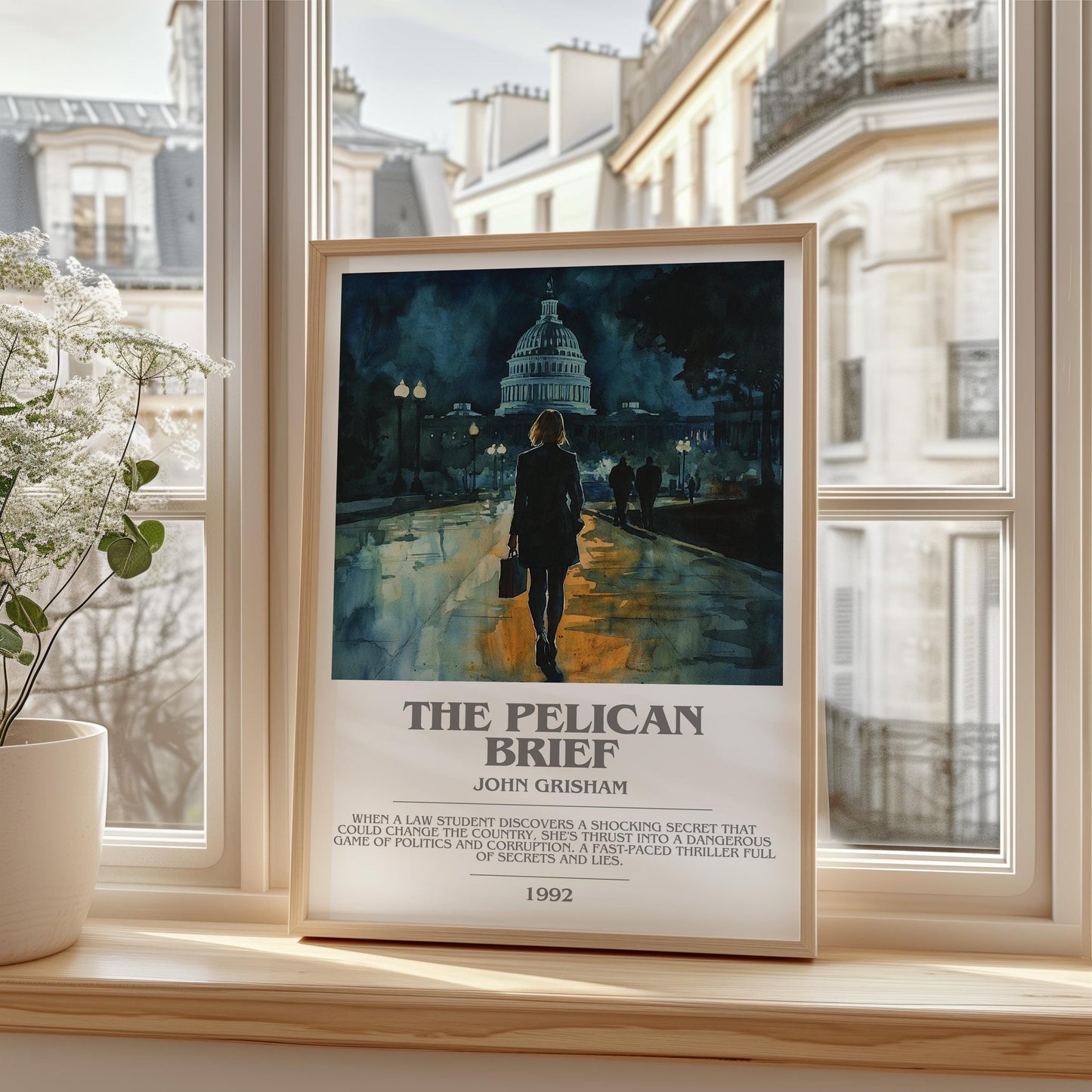 The Pelican Brief bookish print framed by window – literary home decor