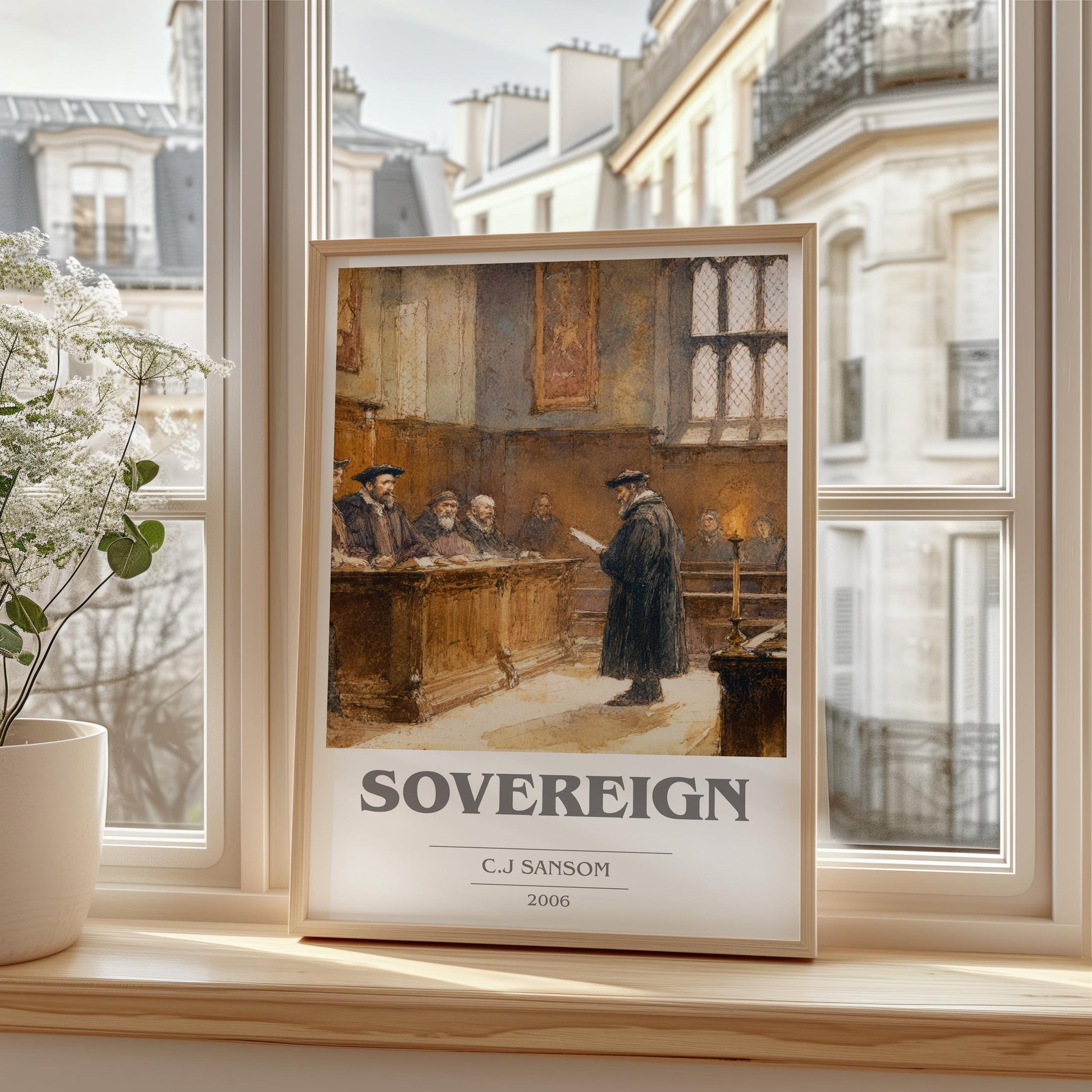 Sovereign book cover print framed by window – literary home decor