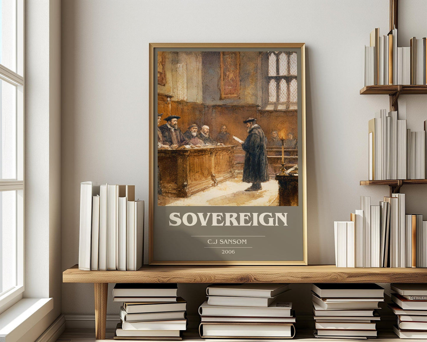 Sovereign book cover print on bookshelf – C.J Sansom fan gift