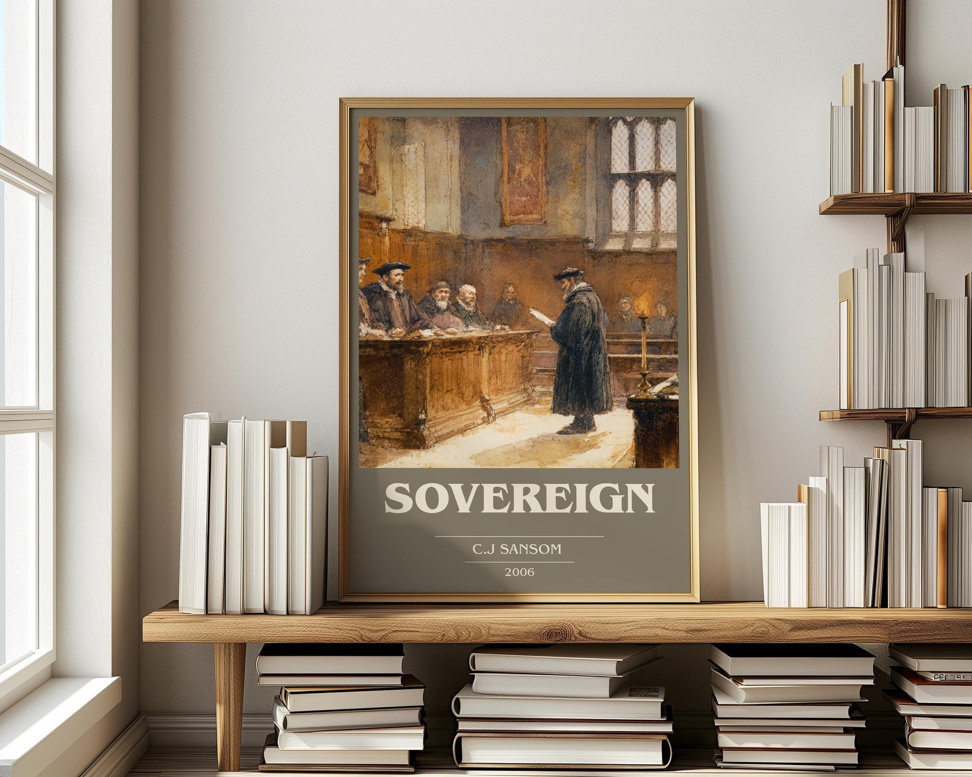 Sovereign book cover print on bookshelf – C.J Sansom fan gift