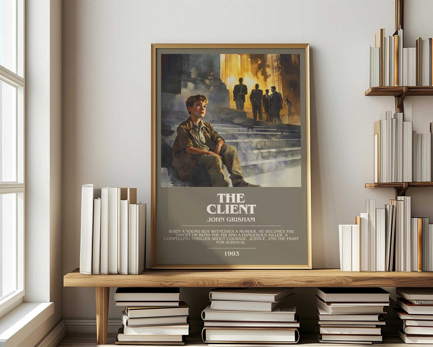 The Client bookish print on bookshelf – John Grisham fan gift