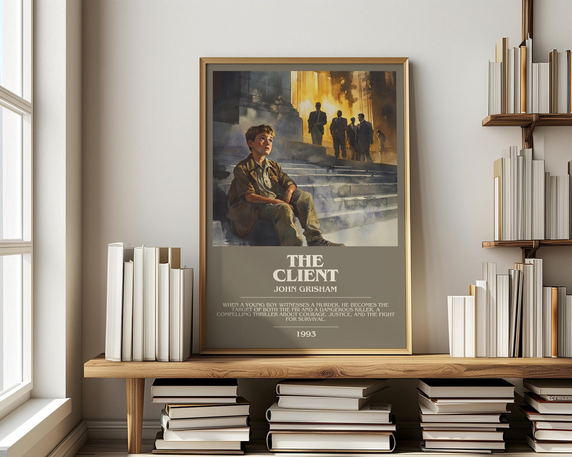 The Client bookish print on bookshelf – John Grisham fan gift