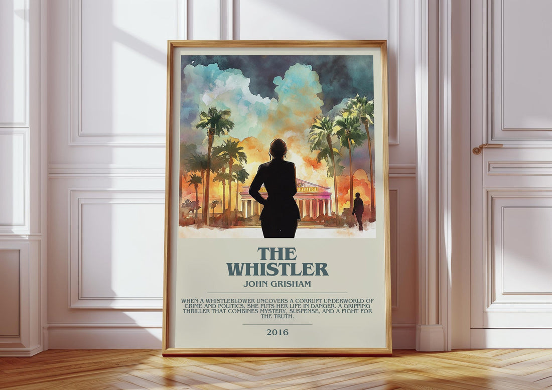 The Whistler bookish print in frame leaning in hallway – thriller wall art (mockup)