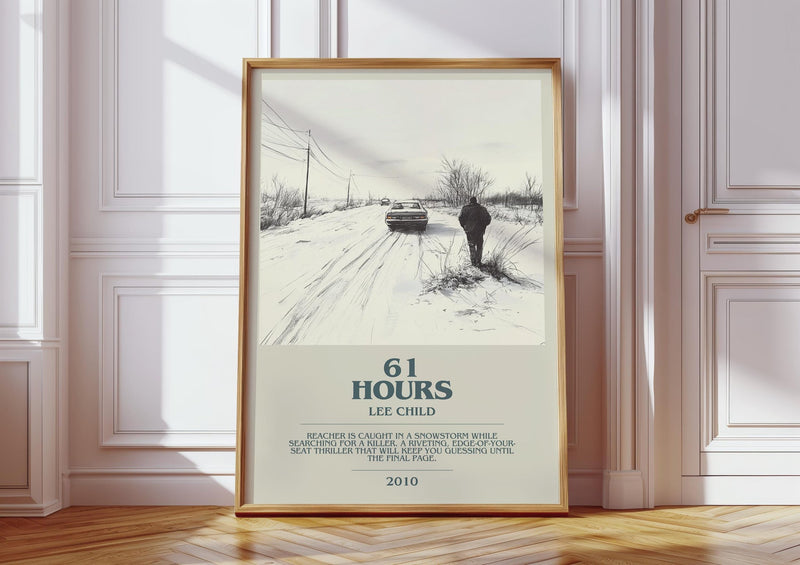 61 Hours bookish print in frame leaning in hallway – gothic wall art