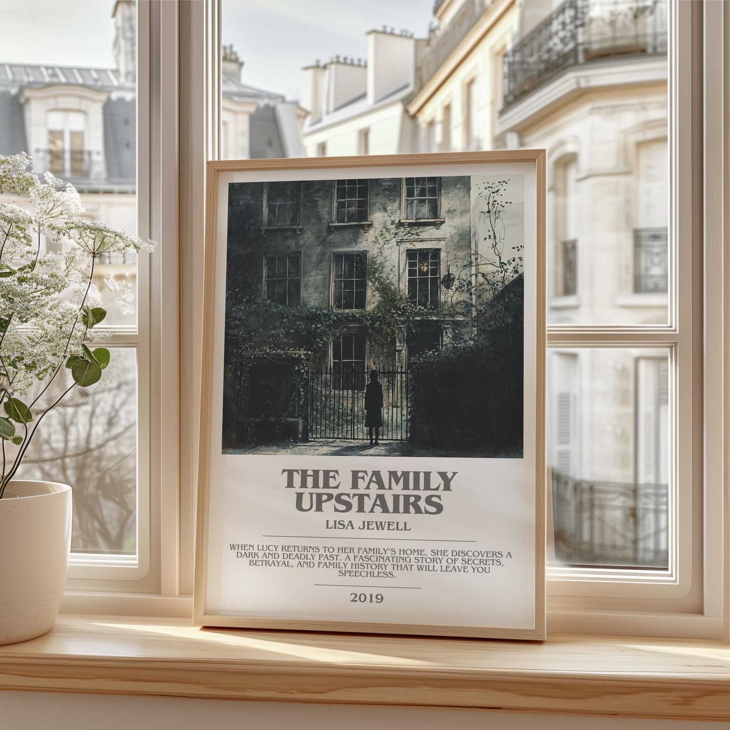 The Family Upstairs bookish print framed by window – literary home decor