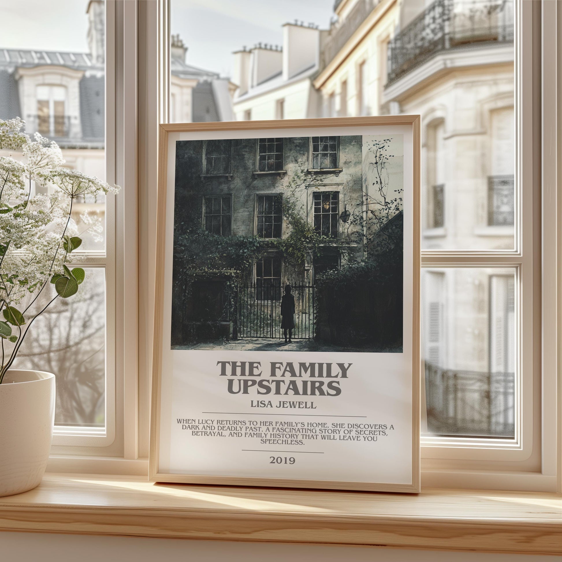 The Family Upstairs bookish print framed by window – literary home decor