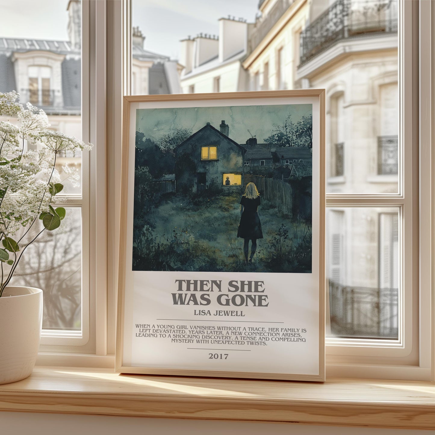 Then She Was Gone bookish print framed by window – literary home decor
