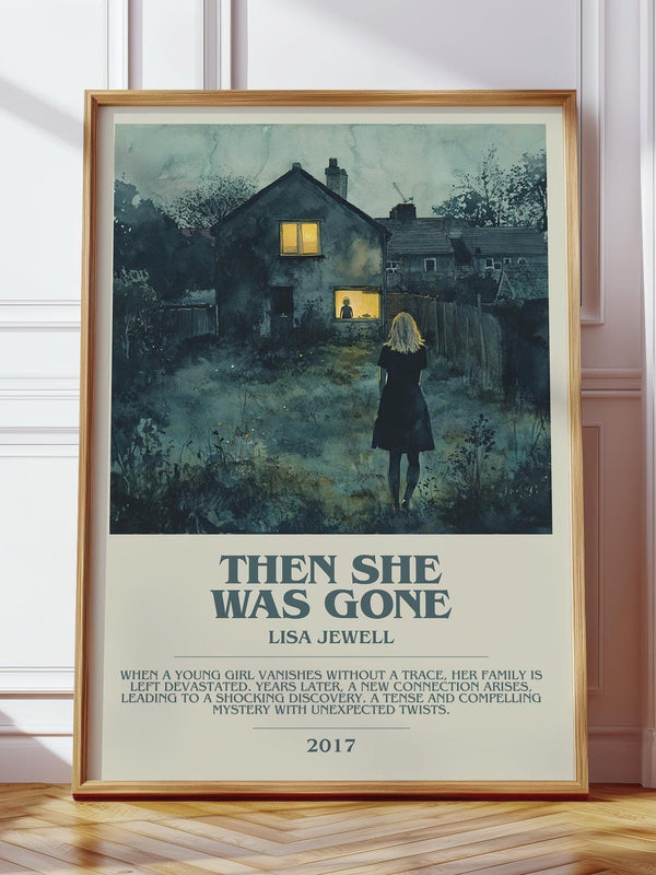Then She Was Gone bookish print in frame leaning in hallway – thriller wall art
