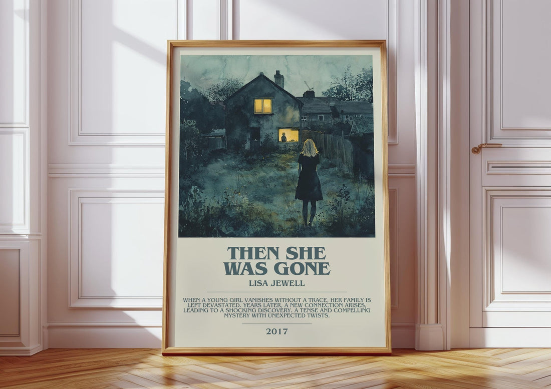 Then She Was Gone bookish print in frame leaning in hallway – thriller wall art (mockup)