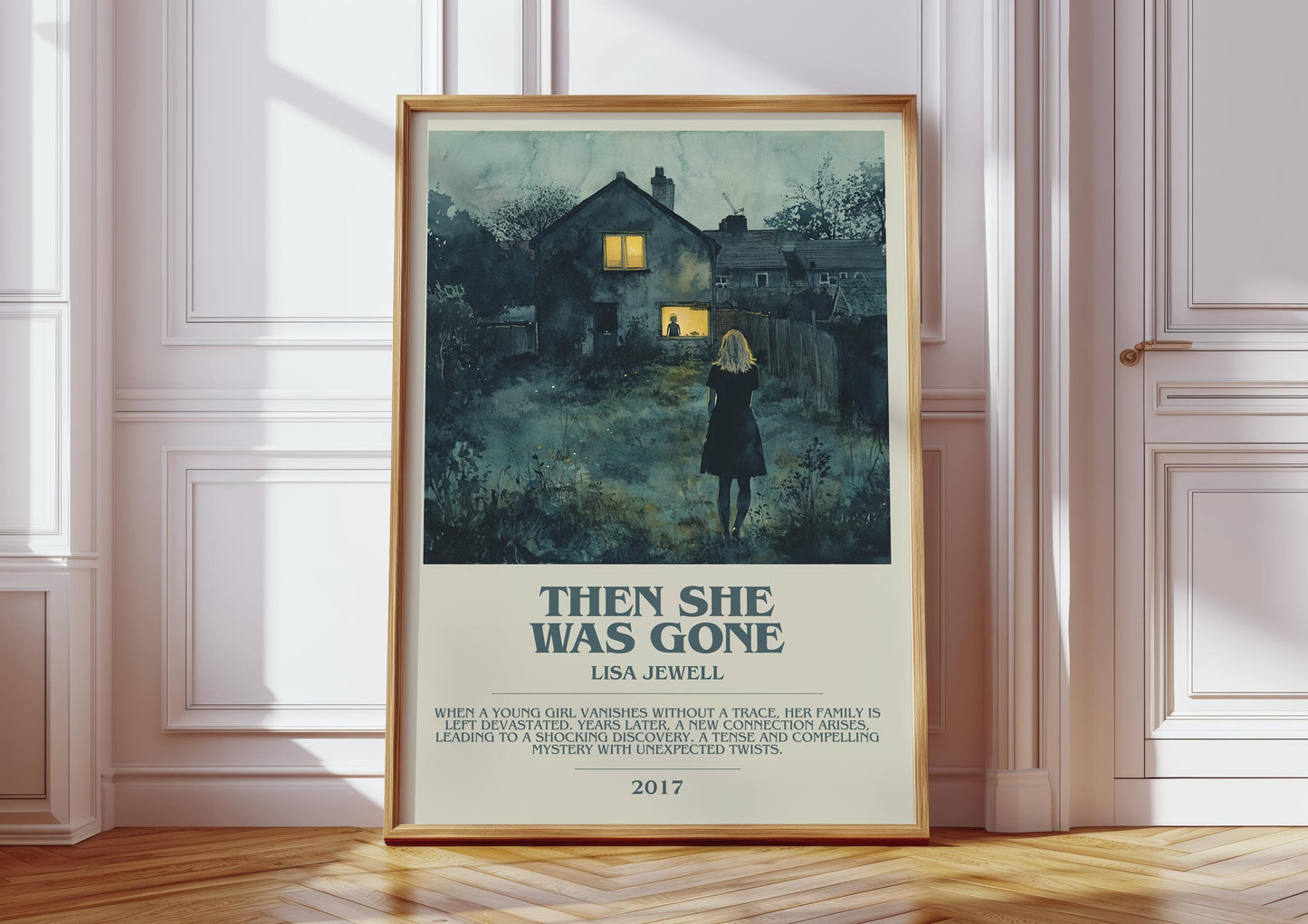 Then She Was Gone bookish print in frame leaning in hallway – thriller wall art