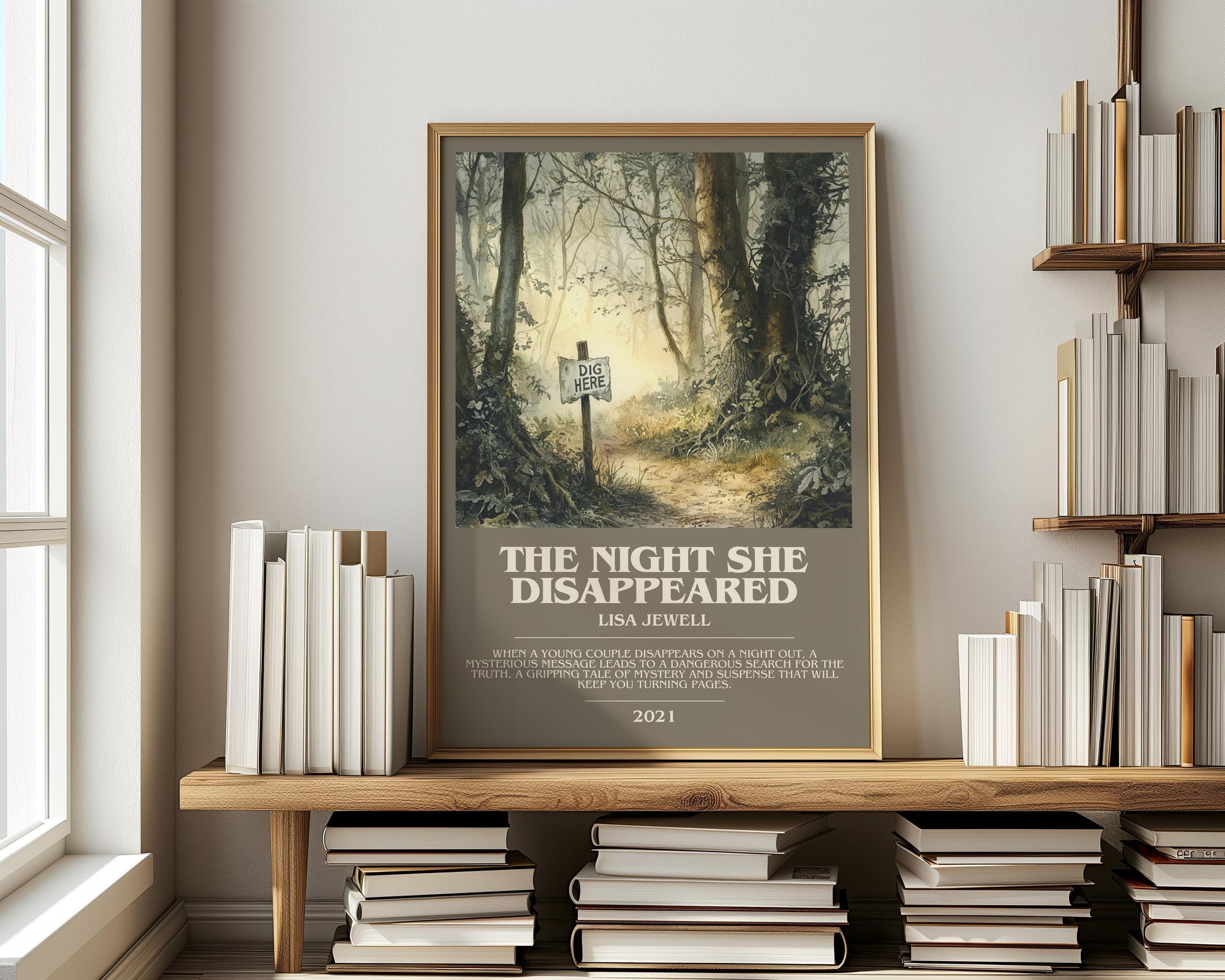 The Night She Disappeared bookish print on bookshelf – Lisa Jewell fan gift