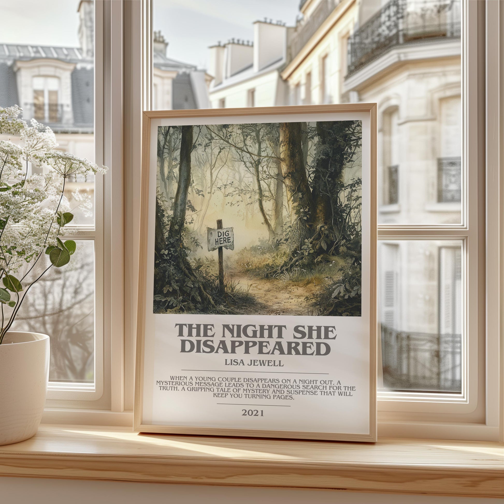 The Night She Disappeared bookish print framed by window – literary home decor