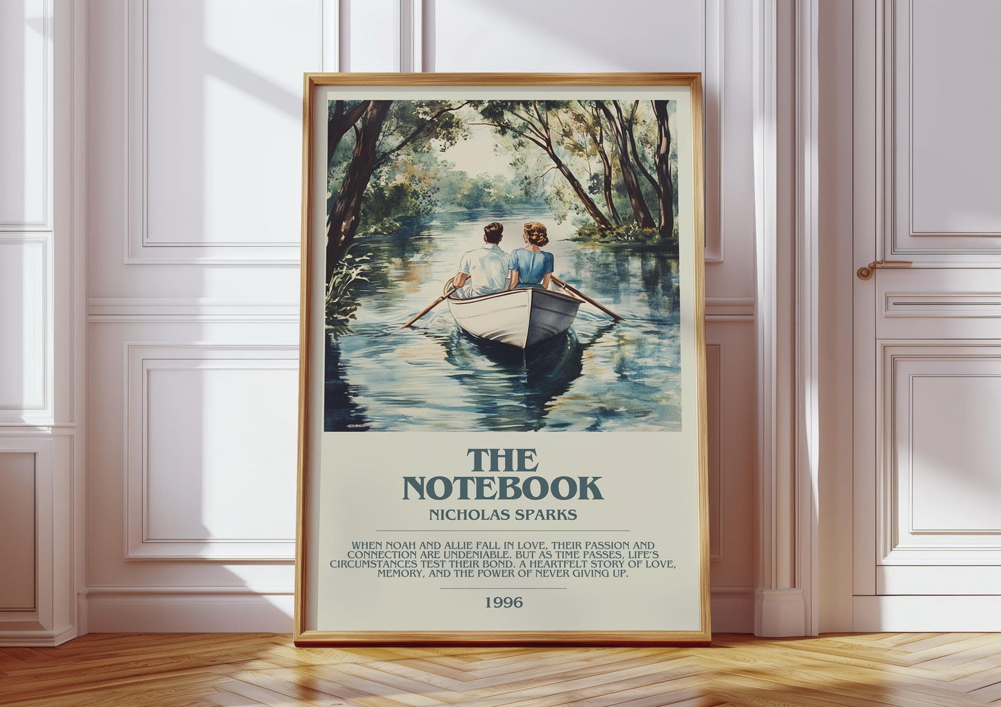 The Notebook bookish print in frame leaning in hallway – romance wall art