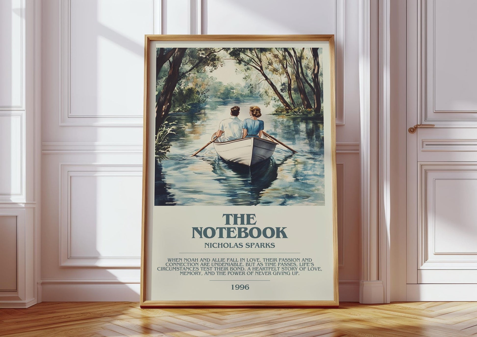 The Notebook bookish print in frame leaning in hallway – romance wall art